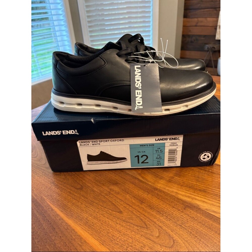 NIB New Lands’ End Black White Sport Oxford Size 12